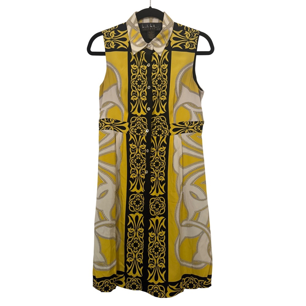 Nicole Miller Collection Yellow Black Baroque Silk Sleeveless Shirt Dress M